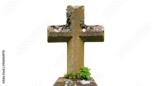 Ancient stone cross with moss and lichen, isolated on transparent background
