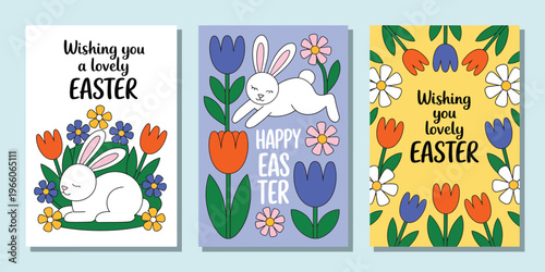 Three illustrated Easter greeting cards with bunnies and spring flowers 1