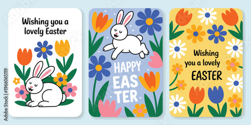 Three illustrated Easter greeting cards with bunnies and spring flowers