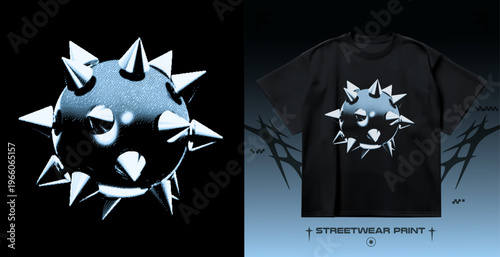 3D spiked sphere with dither effect. Abstract geometric ball, pixel halftone shading and streetwear graphic print design