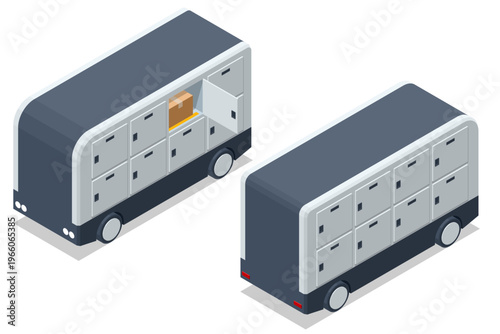 Isometric autonomous delivery van with smart parcel locker compartments on the side. Urban courier transport shows mobile pickup service, contactless shipment, ecommerce logistic and secure box access