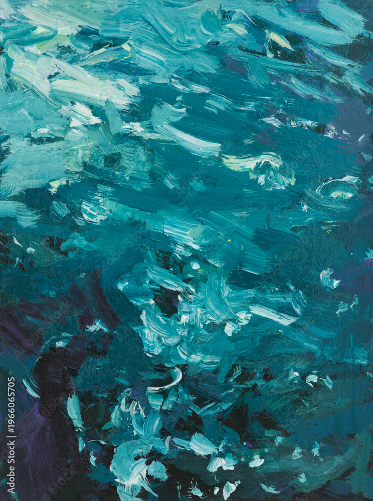 Obraz premium Abstract sea acrylic painting. Beautiful turquoise-blue background for the design. An artistic hand-drawn postcard. Contemporary art. A vivid illustration of the concept of recreation. Seashore depth