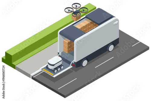 Isometric delivery truck with open cargo area, sidewalk robot and cargo drone above. Logistic scene presents multimodal last mile transport, automated parcel transfer and smart urban shipment service