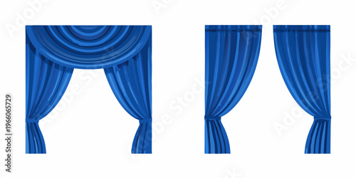 Blue curtains in two different styles a draped arch and simple panels