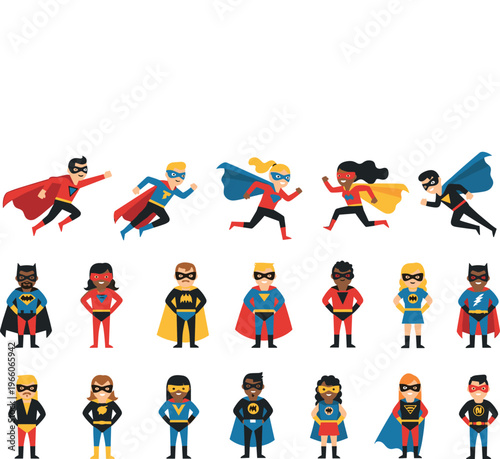 Superhero Icon Set Featuring Male and Female Heroes in Dynamic Poses and Colorful Costumes for Comics, Action, and Fun Themes