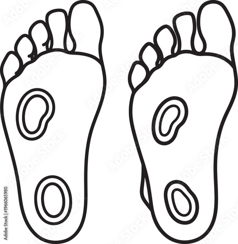 Black and white line art illustration of the soles of two human feet highlighting pressure points