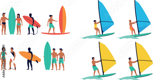 Surfing and Windsurfing Icon Set Featuring Beach Activities, Surfers, and Boards for Sports, Summer, and Outdoor Themes