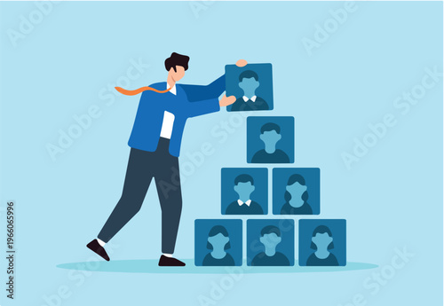 Flat illustration of human resource manager stacking applicant profile cards like building blocks to complete hiring structure and streamline onboarding workflow