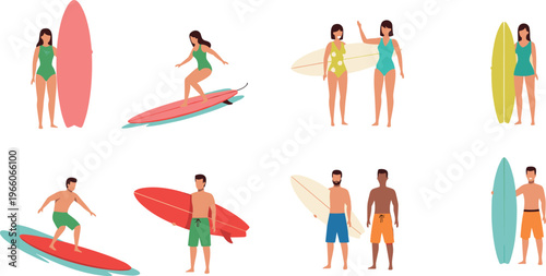 Surfing Icon Set Featuring Surfers, Surfboards, and Beachwear for Summer, Sports, and Outdoor Themes