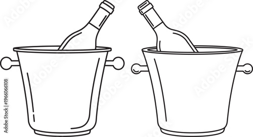 A black and white line drawing illustrating two wine bottles chilling in separate ice buckets