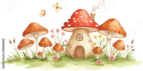 Whimsical illustration of a mushroom house with flowers and butterflies in a fantastical garden setting