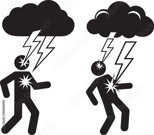 Two stick figures being struck by lightning from storm clouds, illustrating a sudden, dangerous event or bad luck
