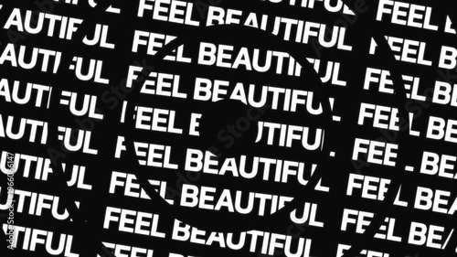 Rotating circular text animation displaying feel beautiful phrase arranged in concentric motion with central empty space for overlay content.