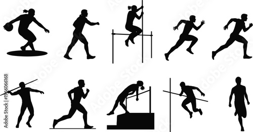 athlete silhouettes collection, sports activities set, running jumping training poses, fitness workout concept, track and field illustration, active lifestyle design pack