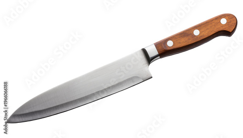 Foto Steel chef s knife brown wooden handle, isolated on transparent background