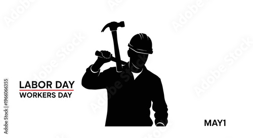 1 may, may day, Labor day icons representing international workers, silhouette of a builder carrying a hammer on shoulder, vector