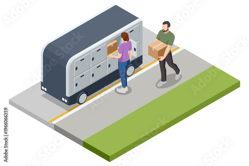 Isometric parcel locker van parked at curb while customers collect shipment. Urban last mile delivery shows contactless pickup, smart mobile station, secure box access and modern ecommerce service.