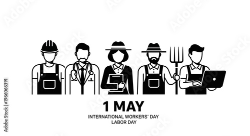 1 may, may day, Labor day icons representing international workers, diverse professions doctor businesswoman farmer together, vector