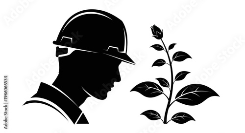 1 May, Labor day icons representing international workers, silhouette of a builder in hardhat with a growing plant, vector