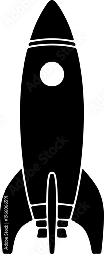 Sleek black rocket icon representing rapid innovation, startup launch, and future technological progress