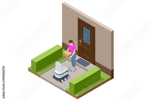 Isometric home delivery robot waits at the door while woman carries parcel. Residential courier autonomous last mile service, contactless dropoff, smart transport and convenient doorstep shipment.