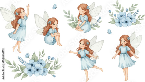 Whimsical watercolor illustrations of redheaded fairies with floral surroundings in soft colors and delicate wings