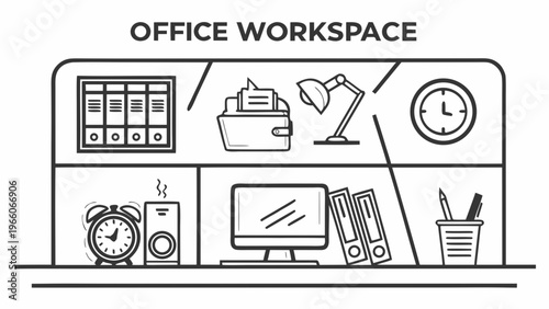 A minimalist vector graphic illustration of an office workspace with various desk essentials