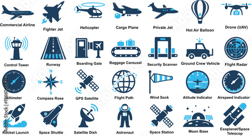 Aviation and Space Icon Set — Flat Duotone Vector Pack with Aircraft, Airport, Aerospace, Rocket, Astronaut and Flight Navigation Symbols