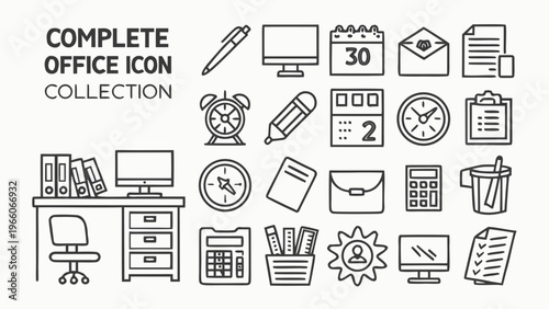 A collection of office icons in a minimal line art style, featuring various symbols and objects for business and productivity.