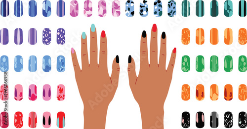 Colorful nail art designs set, manicure styles collection, hands with polished nails, beauty fashion concept, trendy patterns, flat vector illustration