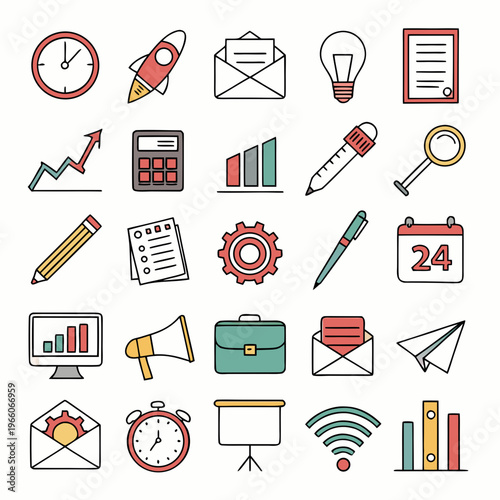 A colorful vector graphic illustration of various business and productivity icons