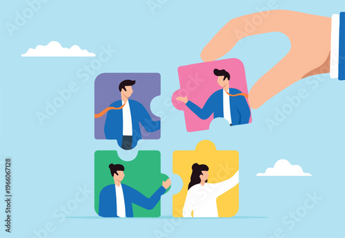 Flat illustration of HR businessman hand connects new joiner to jigsaw puzzle fitting into team effectively.