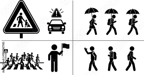 Set of Pedestrian and Traffic Icons with Walk, Crosswalk, Signal, Umbrella, and Flag Symbols for Road Safety and Traffic Management