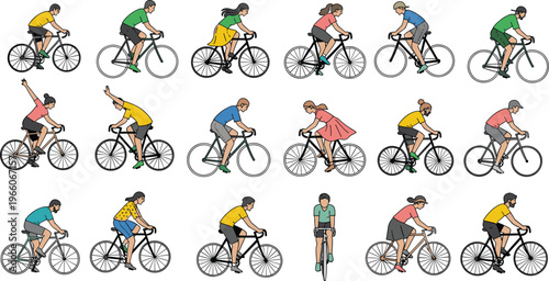 diverse cyclists riding bicycles set isolated urban commuting lifestyle active people cycling illustration sport fitness eco friendly transportation collection