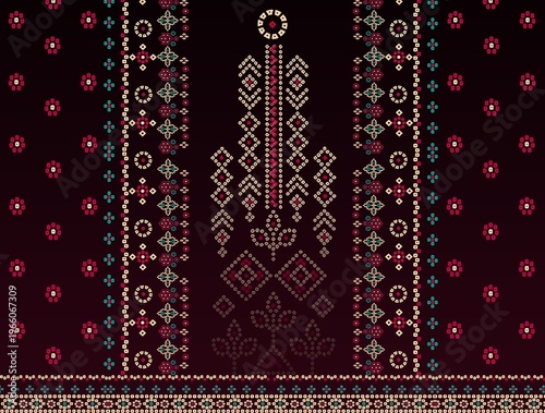 Quadro su tela Dark floral chunri pattern with geometric accents, with a rich tapestry of tradi