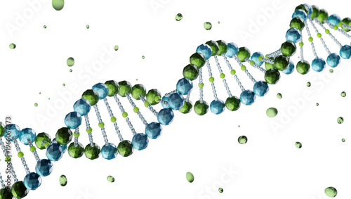 Foto Faceted blue and green DNA double helix surrounded by small floating green dropl