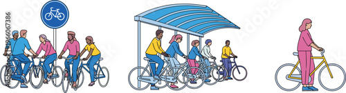 diverse people cycling together urban bike lane sustainable transport community commuting lifestyle eco friendly city mobility illustration modern safety infrastructure