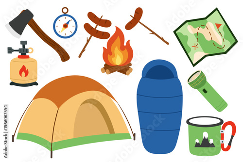 Camping equipment set with tent, campfire, flashlight and travel map. Essential outdoor gear including gas burner, axe, compass, sausages on sticks, sleeping bag and metal mug. 