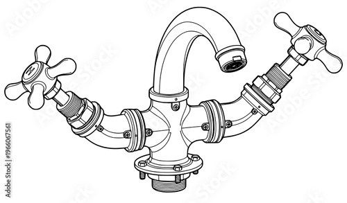 Detailed Water Tap Line Art Vector Illustration Plumbing Fixture Outline for Kitchen and Bathroom