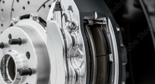 A high-performance silver brake system featuring a polished caliper and a ventilated drilled metal disc.