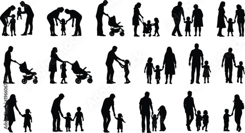 family silhouettes collection, parents with children walking playing, parenting lifestyle concept, happy family moments, mother father kids illustration, love care relationship set