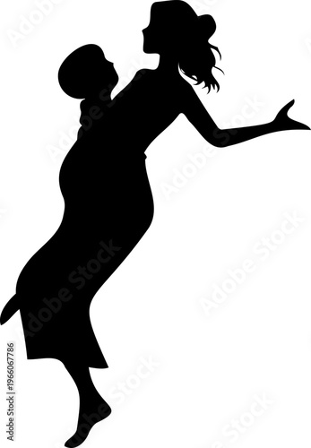 Strong black and white graphic of a woman and child