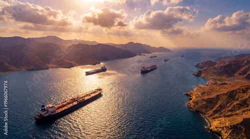 Aerial View of Cargo Ships and Oil Tankers Navigating the Strait of Hormuz at Sunset