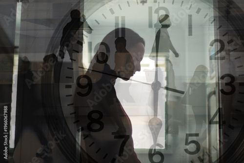 Time pressure and mental burnout concept with clock overlay and busy people walking while exhausted person overwhelmed by modern life
