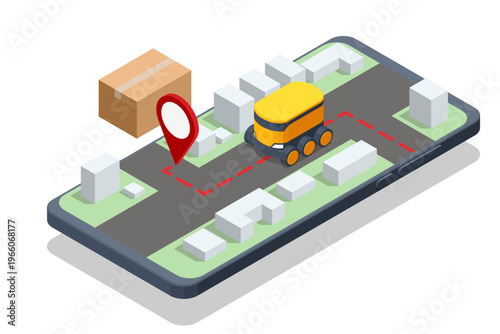 Isometric smartphone map with autonomous delivery robot, parcel and location pin. Mobile app interface concept shows route guidance, smart courier tracking, urban shipment control, last mile transport