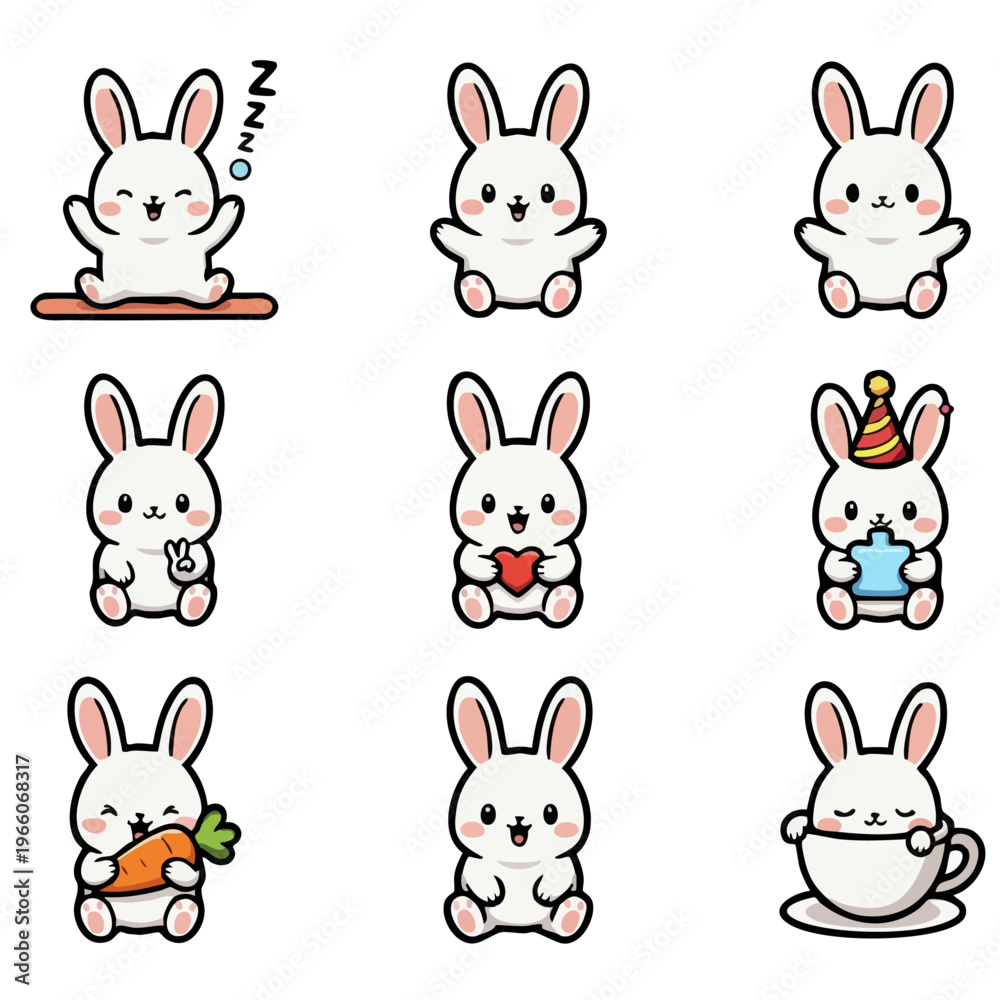 Fototapeta premium Cute Bunny Rabbit Character Poses Kawaii Baby Bunny Vector Set