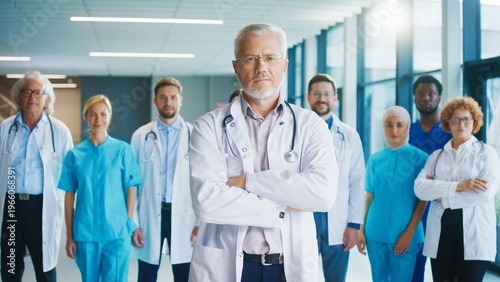 Serious male doctor with crossing arms standing in hallway. Skilled medical professional and his proud team showing responsibility. Working together during busy hospital routine. Healthcare.