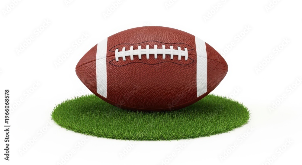 Obraz premium A brown and white football resting on a patch of green grass