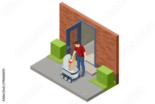 Isometric autonomous courier robot brings grocery bag to a doorway. Residential delivery highlights smart last mile transport, contactless handoff, everyday retail service and convenient home shipment