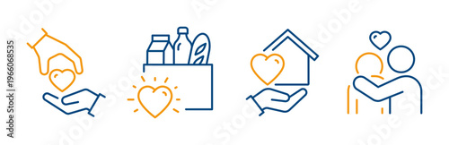charity icons, donation icon set, give help to those in need, home care, empathy and compassion, food, icons for web and app, outline editable stroke